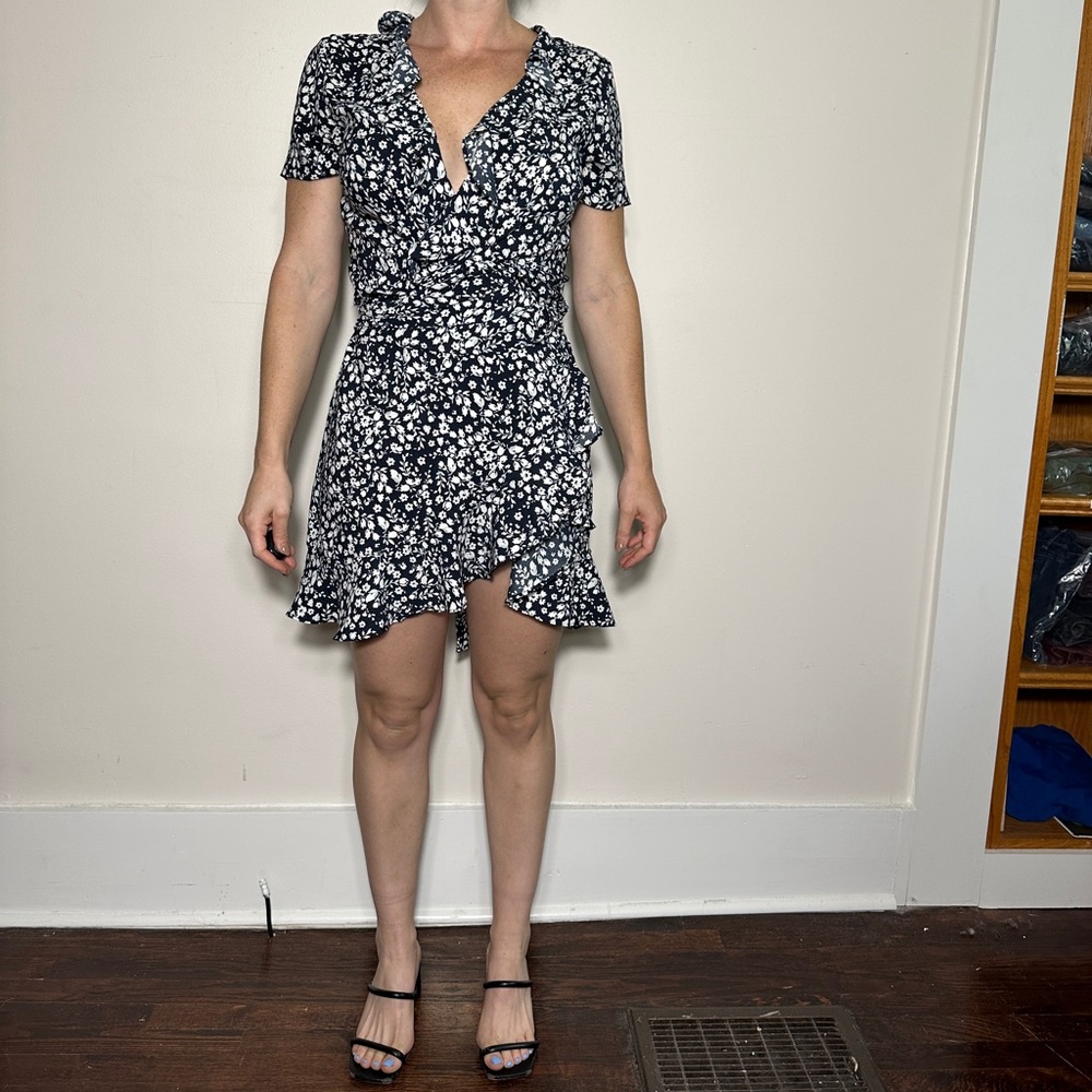 Loft Blue and White Floral Wrap Mini Dress Size Medium